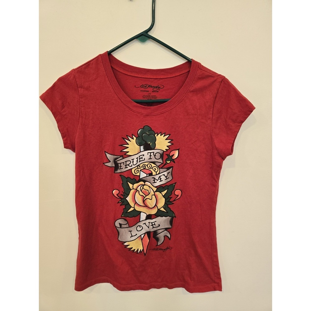 Ed Hardy Women's T-Shirt Short Sleeve Size L‎ Y2K Aesthetic Grunge Indie Sleaze